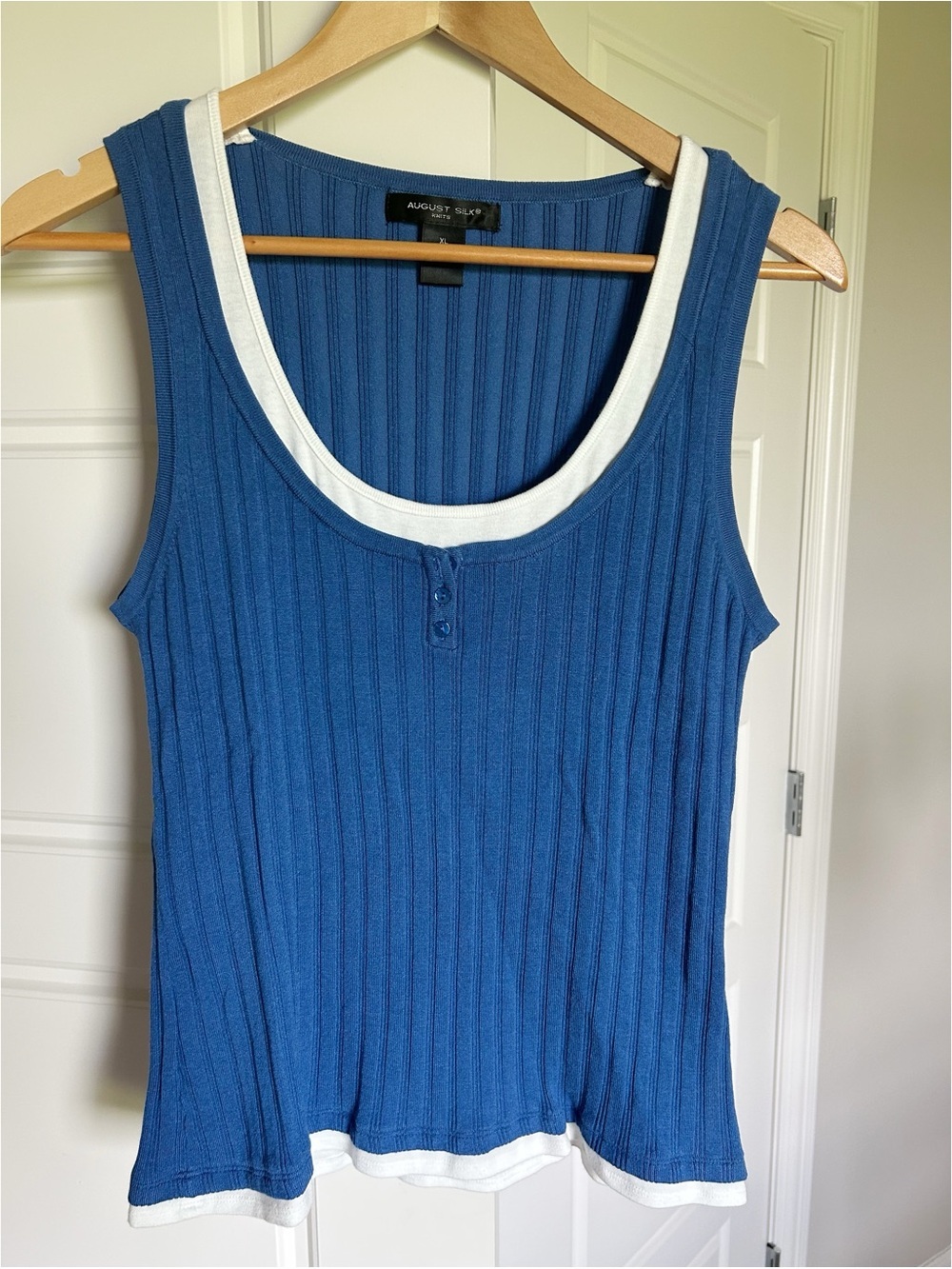 August Silk Knits Layered Silk Blend Ribbed Knit Tank Blue White Size XL